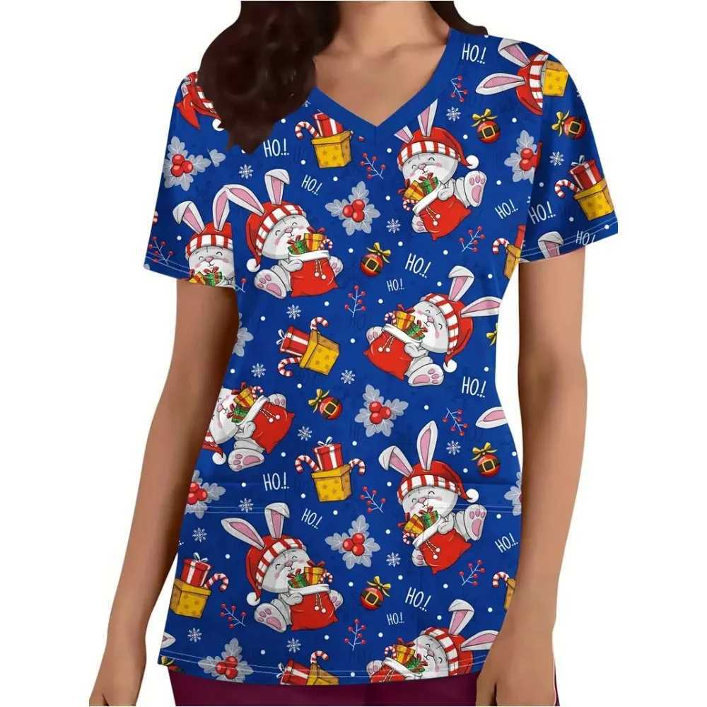 Clinical Uniform Womens Easter Rabbit Print Fashion V-neck Dental Medical Comfortable Short Sleeve Patch Pocket Nurse Uniform Womens X250410