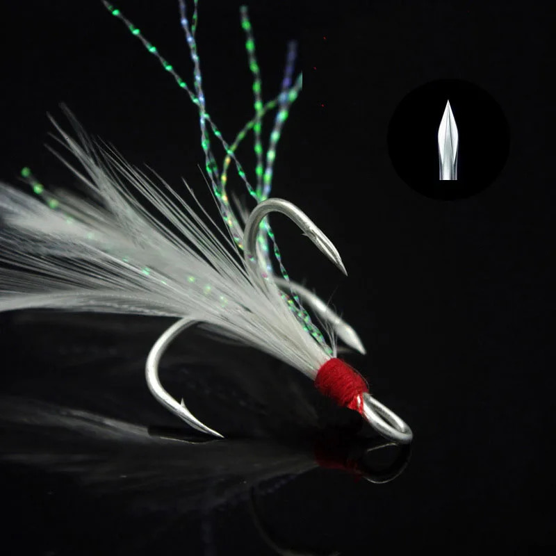 100pcs 3x Strengthen Treble Hooks With Feather Fishing Hook Blood Trough Fishhooks Tackle Accessary Metal Jig Assist Hook 251103