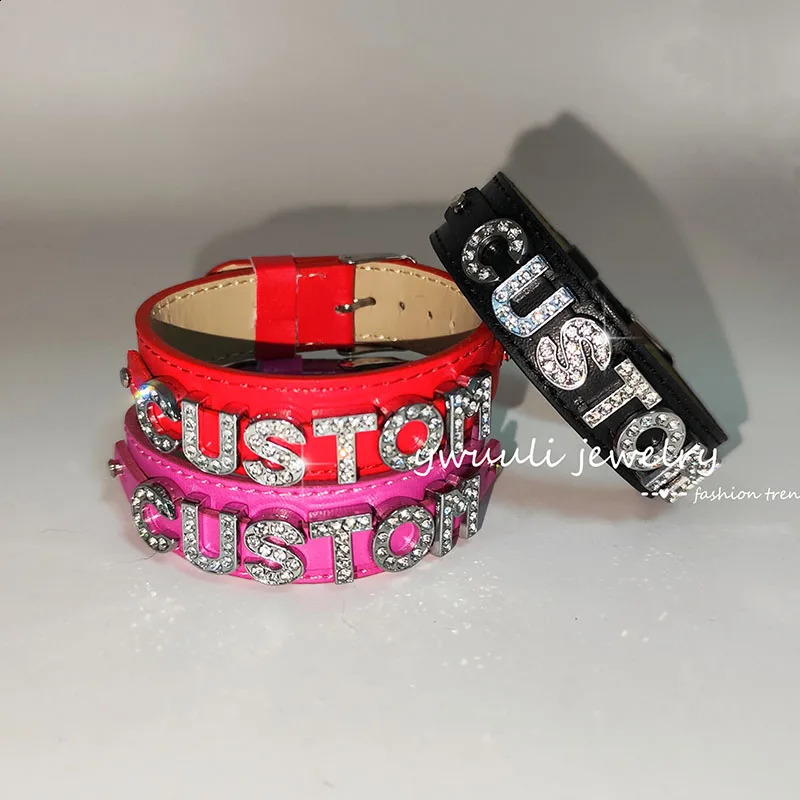 Fashion PU leather custom rhinestone letter name adjustable bracelet for women DIY personalized jewelry lover friend gift 250408