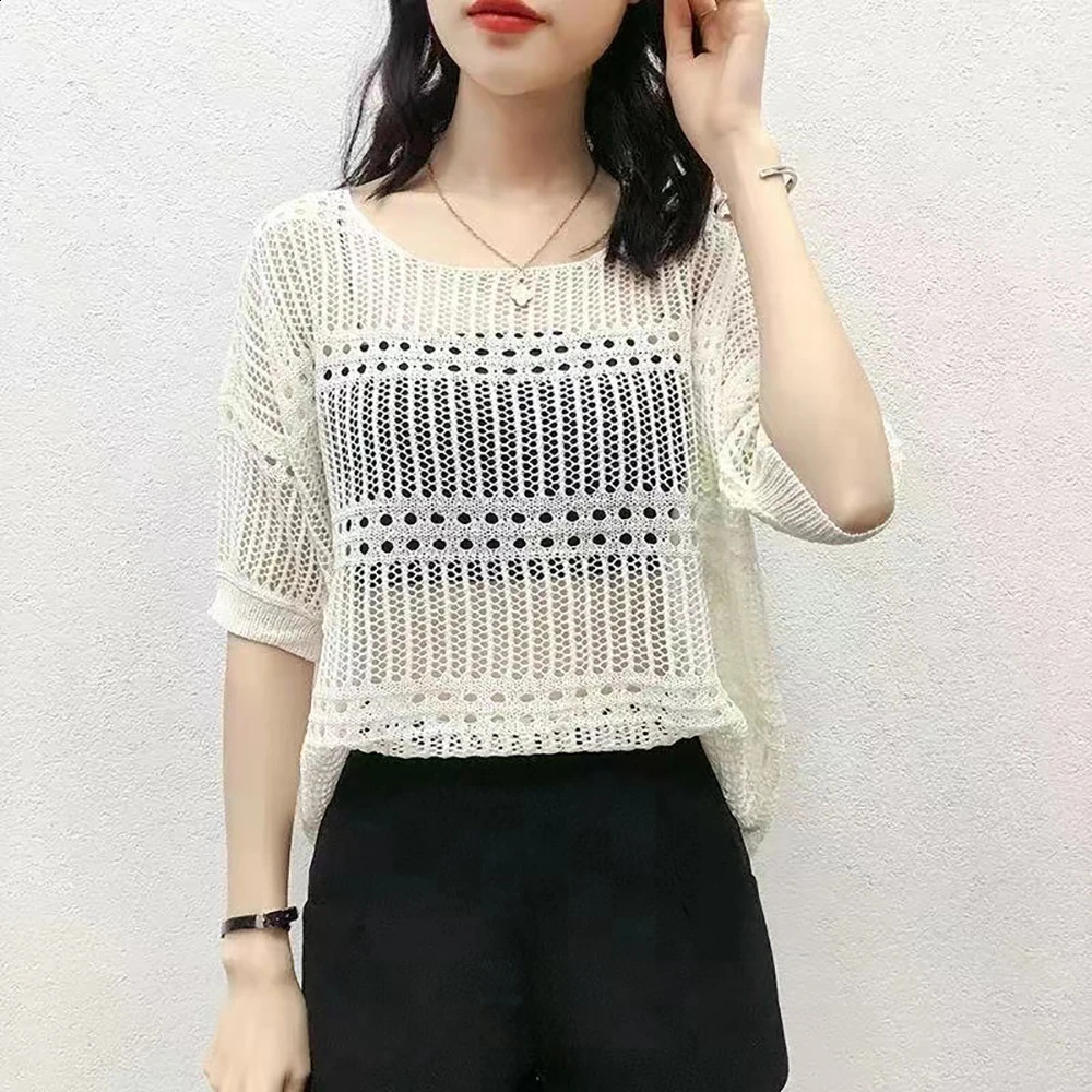 2025 Elegant Casual Solid Color Sweater Oneck Short Sleeve Knitted Summer Sweet Crop Top Sexy Hollow Shirt and 250407