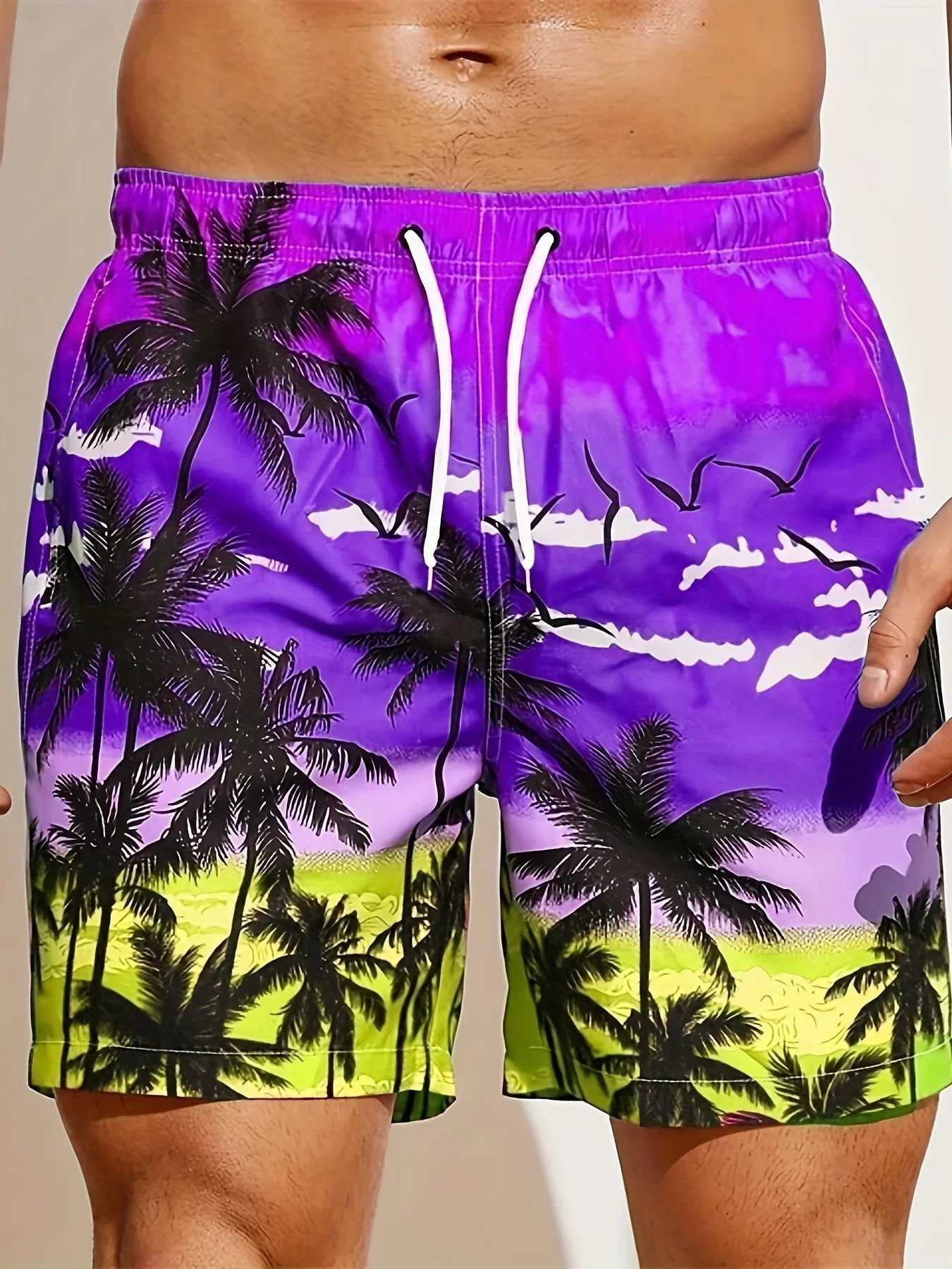 Mens loose beach shorts drawstring quick drying coconut tree shorts summer mens 3D printed casual oversized sports shortsW250410