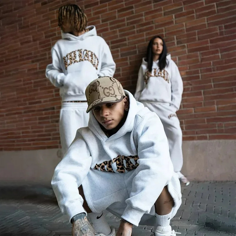 3 Pcs Sportswear Set Y2k Men Women Retro Superior Leopard Patchwork Set American Streetwear Unisex Boxy Casual Couples Apparel 251105