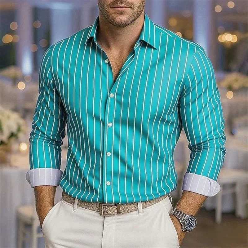 Mens loose striped shirt casual breathable lapel button long sleeve shirt festive wedding shirt soft and comfortable fabric K251110