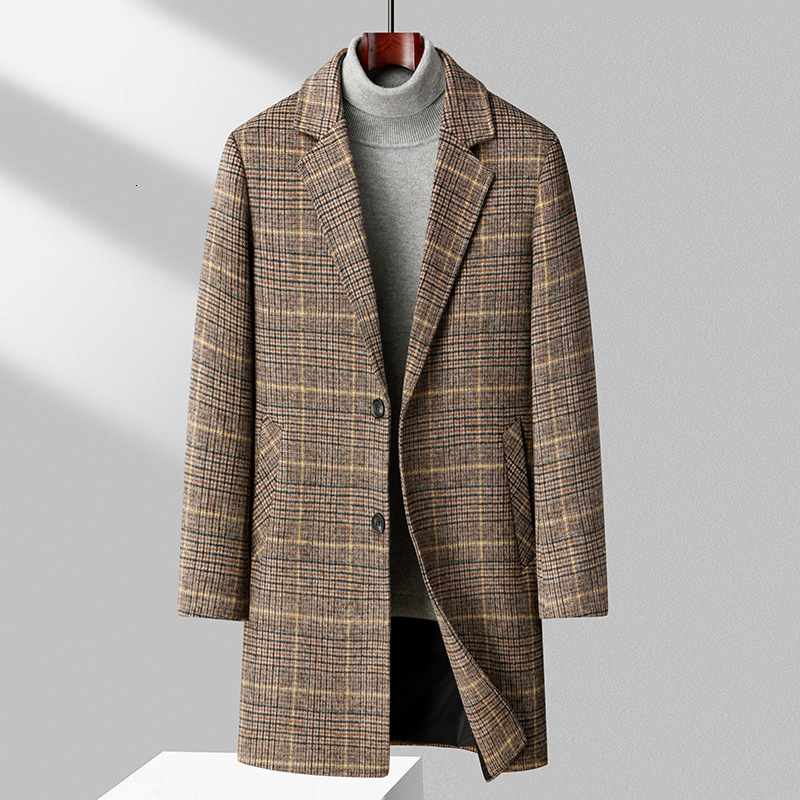 Fashion Thickened Autumn Plaid Wool Coat Men's Slim Fit Mid-Length Woolen Trench Coat Jacket