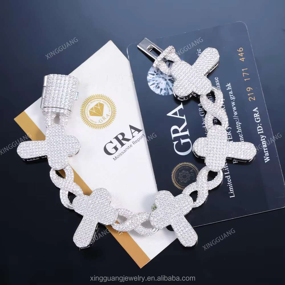 Fine Jewelry S925 Silver Infinity Link Moissanite Bracelet Pass Diamond Test Iced Out Moissanite Diamond Cross Cuban Bracelet