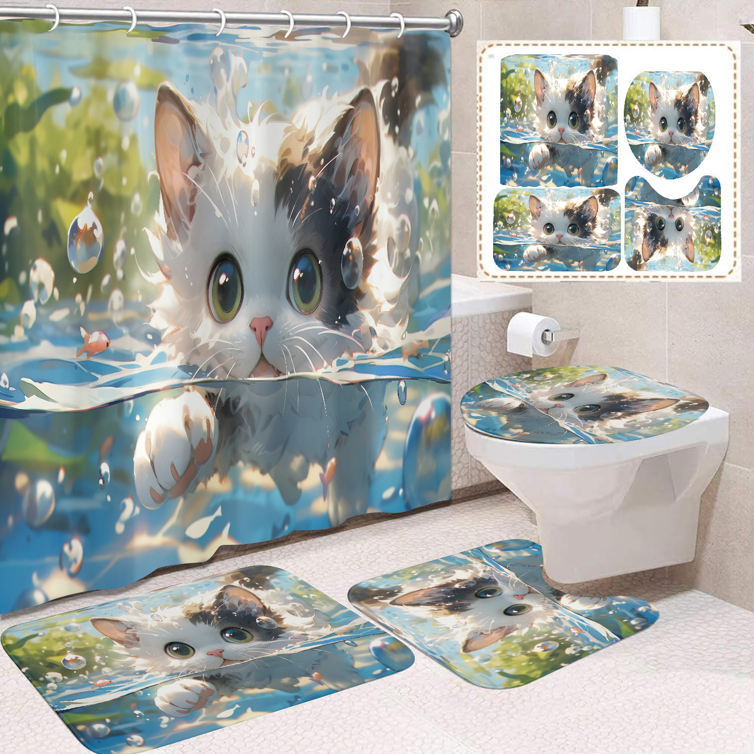 YL-37681 Black and White Cat Shower Curtain Waterproof and Mildew-proof Digital Print Shower Curtain Four-Piece Set