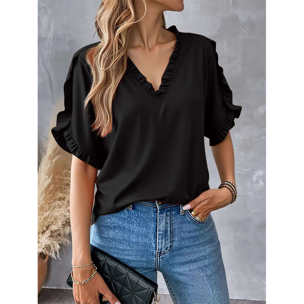 2025 Independent Station Wish Amazon Hot Item Summer Simple Solid Color Short Sleeve Ruffle V-Neck Shirt Top For Women a63b