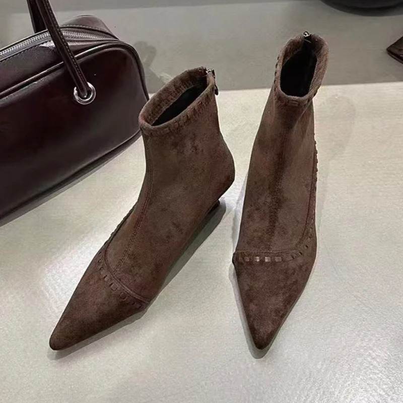 Pointed Toe Womens Ankle Boots Suede Mid Heels Shoes Fashion Dress Winter Boots er Short Botas De Mujer 251110