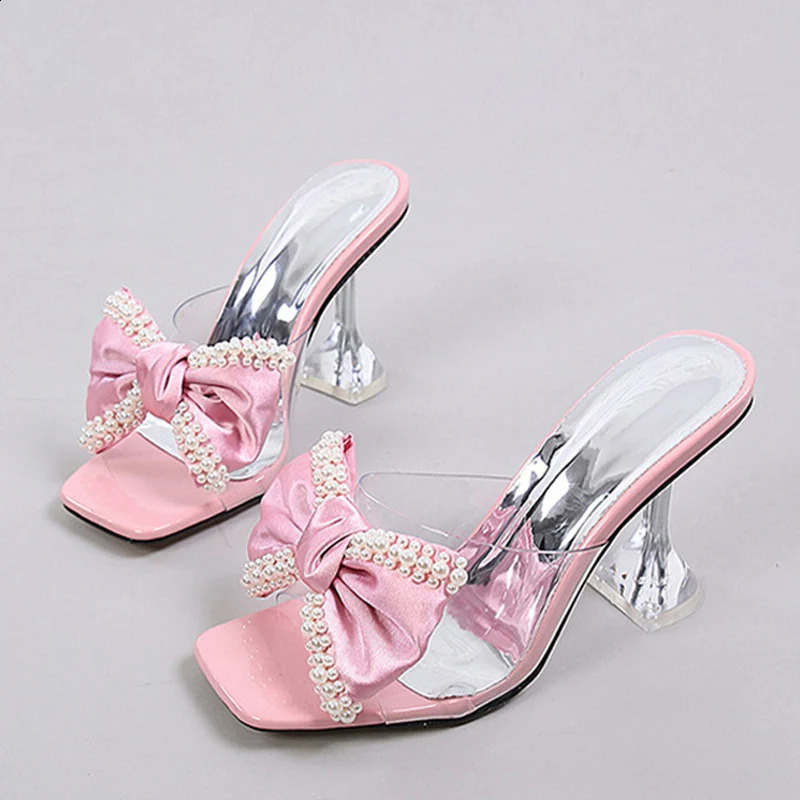 Liyke Pink Womens Sliding Sandals Fashion Pearl Bow High Heels PVC Transparent Shoes Summer Mule Sliding Pump 250408