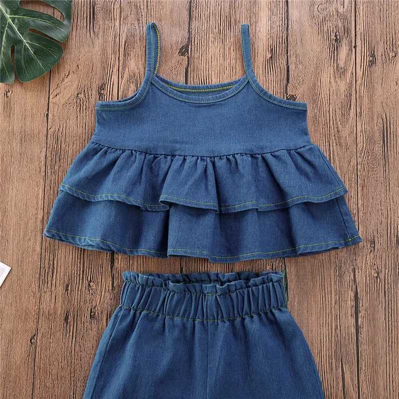 1-5 year girl denim suit sleeveless ruffled Camisol high waisted wide leg pants blue denim suitXJ250410