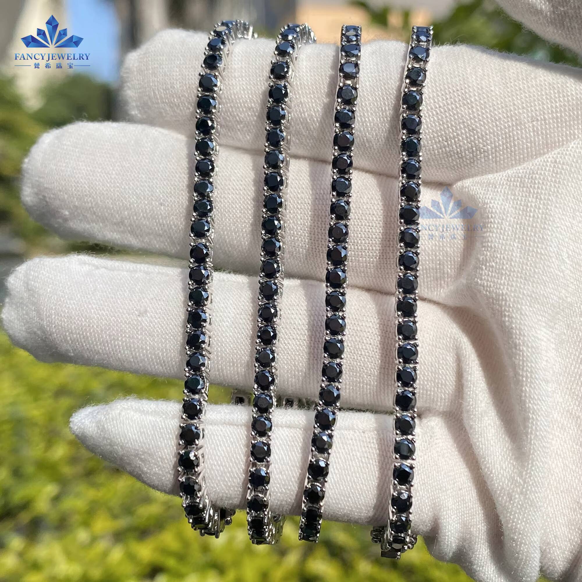 S925 Hiphop Style Tennis Chain Bracelet and Necklace Round Cut Black Moissanite Diamond Certified with GRA Certificate