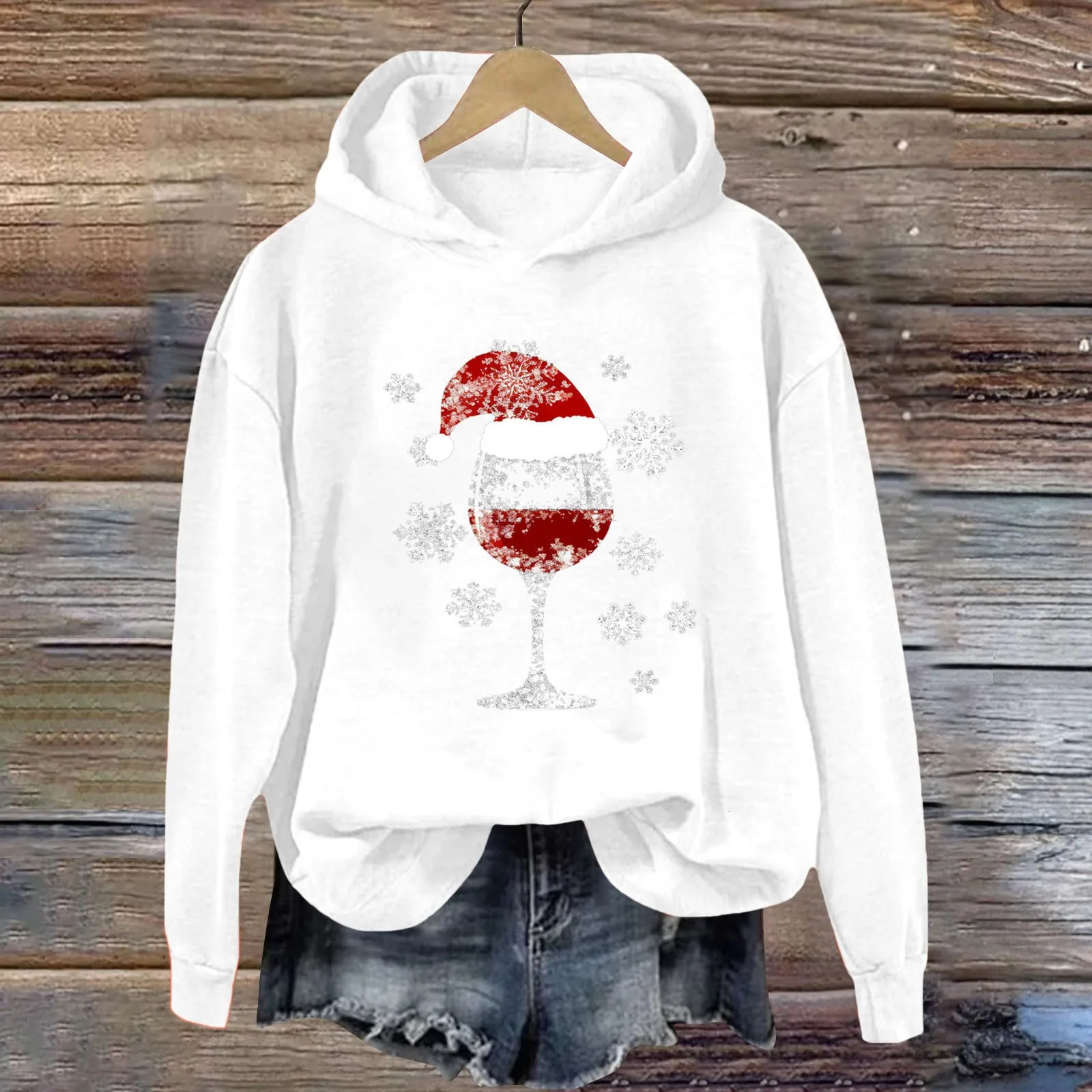 Womens Christmas Hoodie Sweatshirt Casual Fashion Red Wine Glass Printed Long Sleeve Hooded Sweatshirts Xmas Look Year Gifts 251105