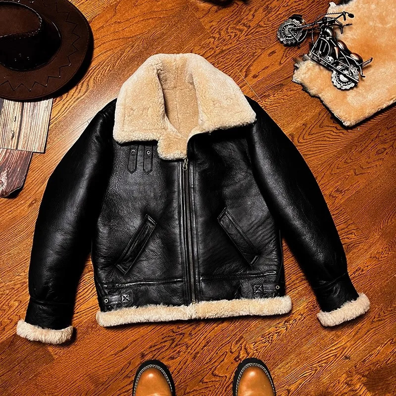 YRWholesalesMen Bomber Winter warm thick 100 fur jacketB3 natural sheepskin with wool coatquality genuine shearling 251106
