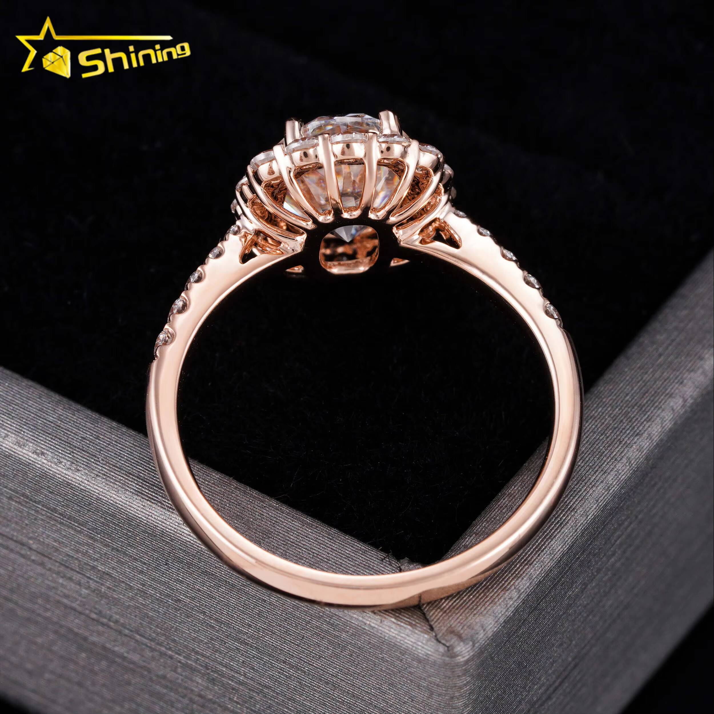 Cluster Moissanite Diamonds Engagement Rings 14K Solid Rose Gold Diamonds Pave Band Design Wedding Ring