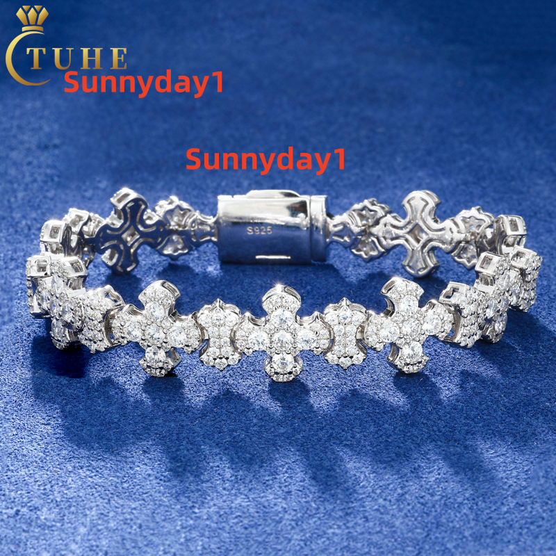 New Trend 12mm Width Link Chain 925 Sterling Silver Pave Setting VVS Moissanite Iced Out Cross Jewelry Bracelet for Hiphop Men