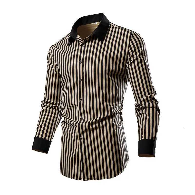 Mens Classic Vertical Stripe Long Sleeve Shirt Single Breasted Lapel Shirts White Red Khaki Available European Size S-XXL K251110