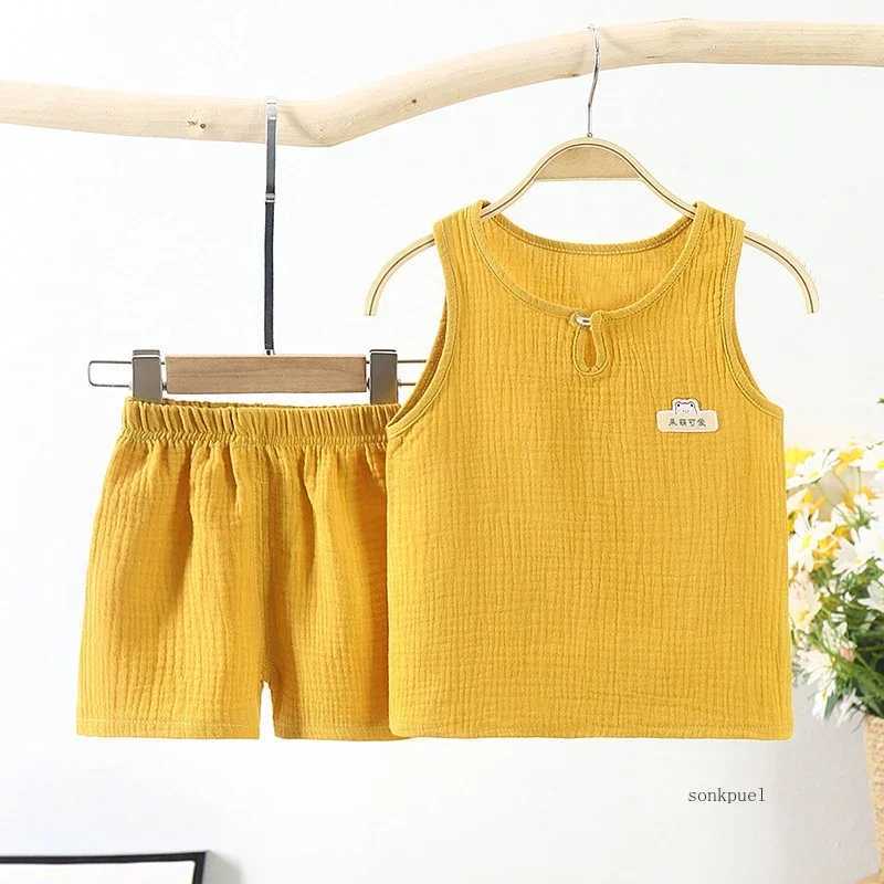 2024 Summer New Gauze Cotton Boys and Girls Tank Top+Shorts Set Childrens Baby Home Clothing Baby 2-piece SetXJ250410