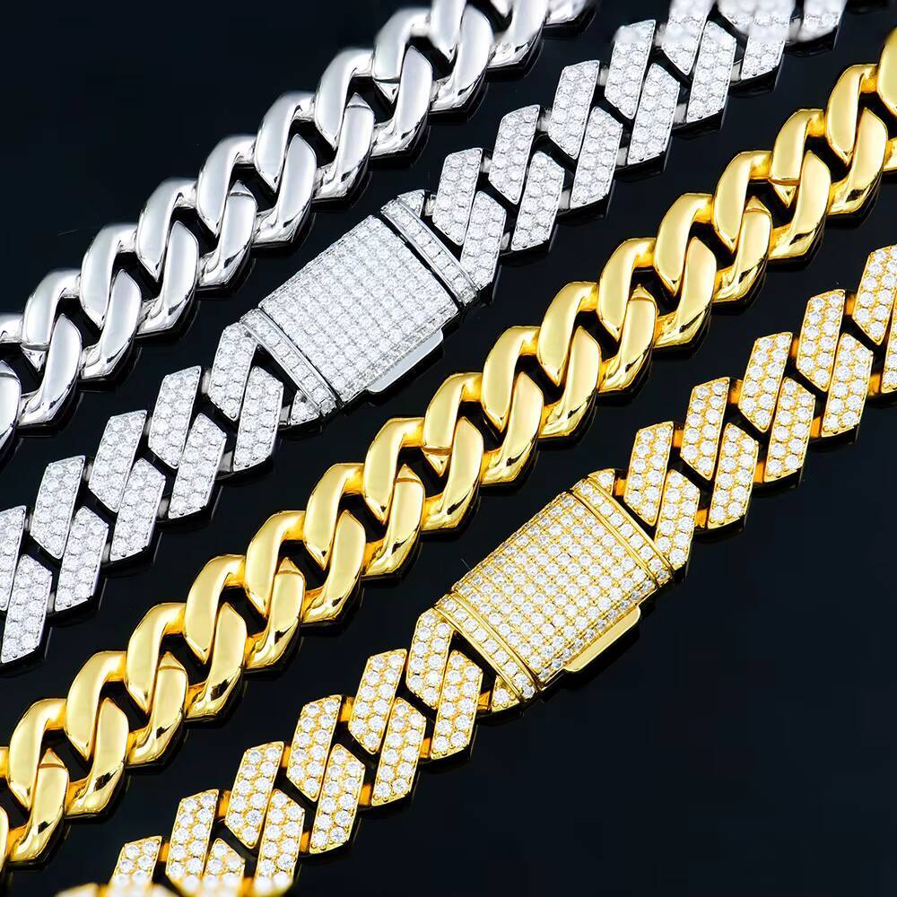 925 Silver Jewelry White Gold Yellow Gold Plated Moissanite Necklace 14mm Sharp Angled Style Cuban Link Chains for Hiphop Men