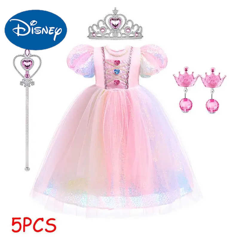 Disney Girls new pearl gradient sequin colored gemstone mesh princess dress with bubble sleeves Halloween mermaid cosplay dressXJ250411