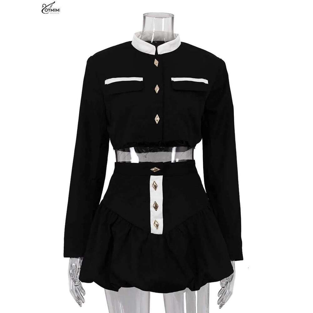Oymimi Fashion Black Patchwork Two Piece For Women Casual Long Sleeve Button Pockets Crop Shirts + High Waist Mini Skirt Set