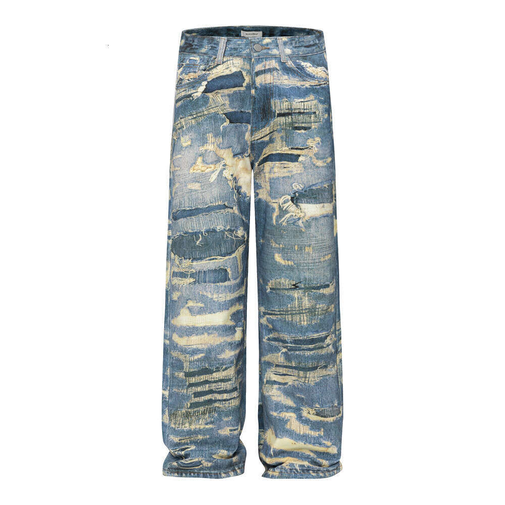 Women's Wear Women's Wear Abandoned Soil Style Full Vintage Printing, Denim Pants, Trendy High Street Design, Niche Loose Straight Leg Pants