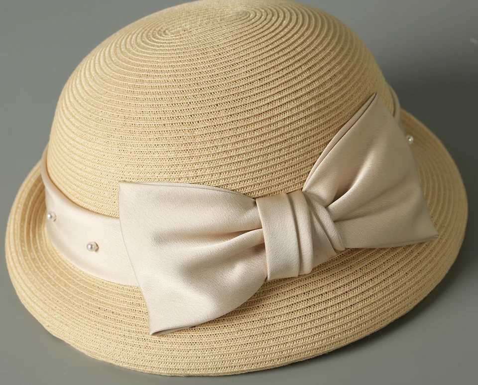 Handwoven Silk and linen Decoration Natural Grass 100% linen Straw Hat Vacation Sunscreen Pearl Sunshade Beach Hat Bow Sun VisorC250411