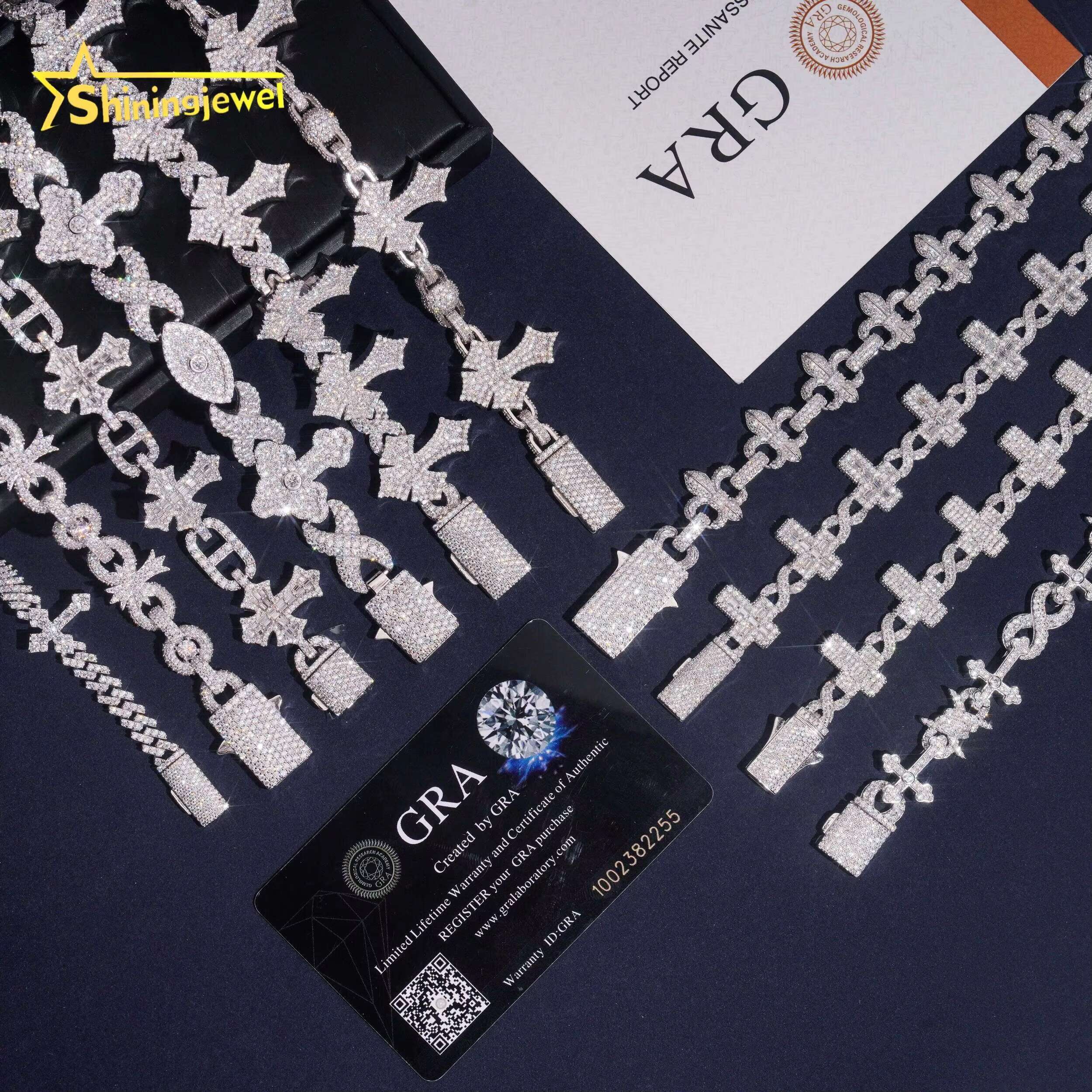 Fancy Shape Men High Quality Hip Hop 925 Silver Moissanite Diamond Iced Out Cross Infinity Cuban Link Bracelet