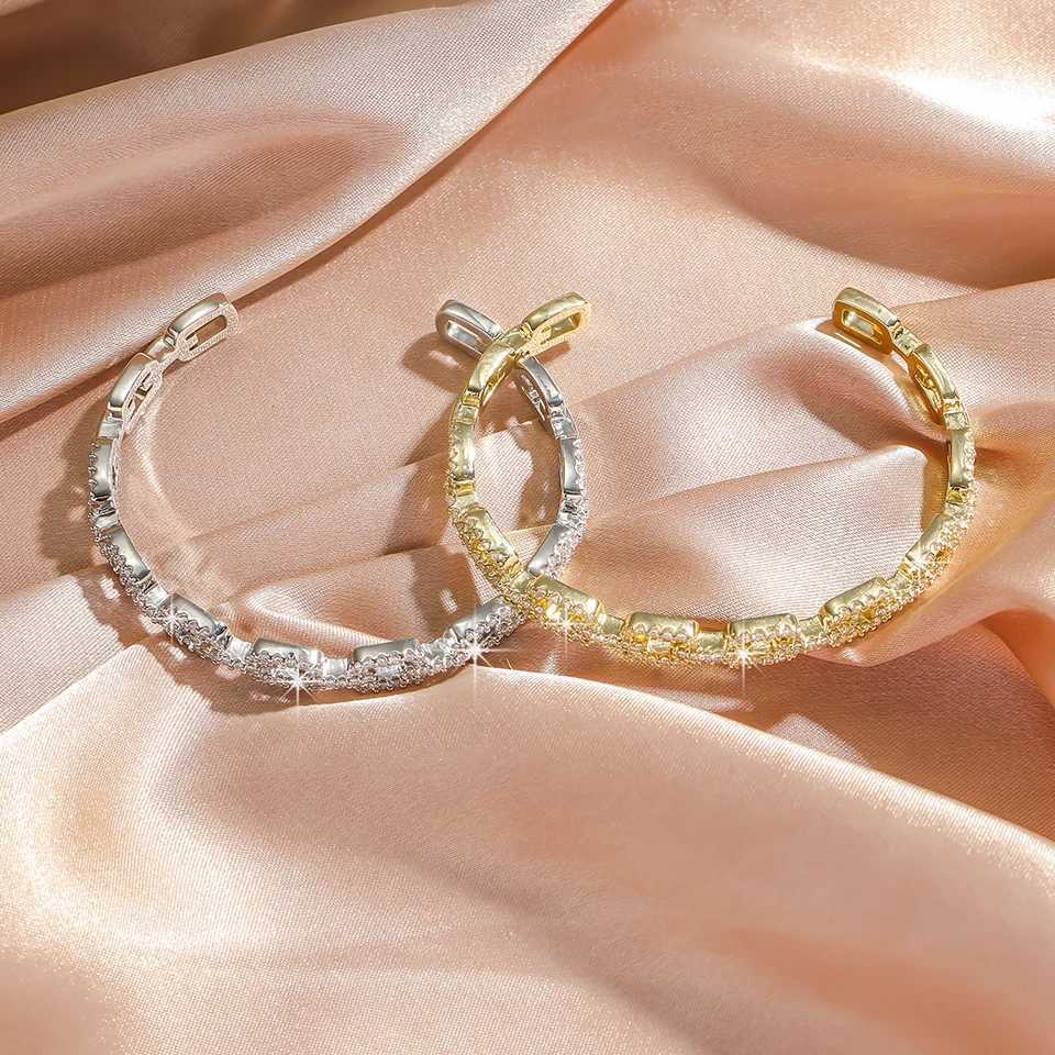 Yupsk Shiny Zircon Hollow Rectangle Link Cuff Bangle Bracelet for Women Luxury Wedding Party Jewelry Womens GiftC250410