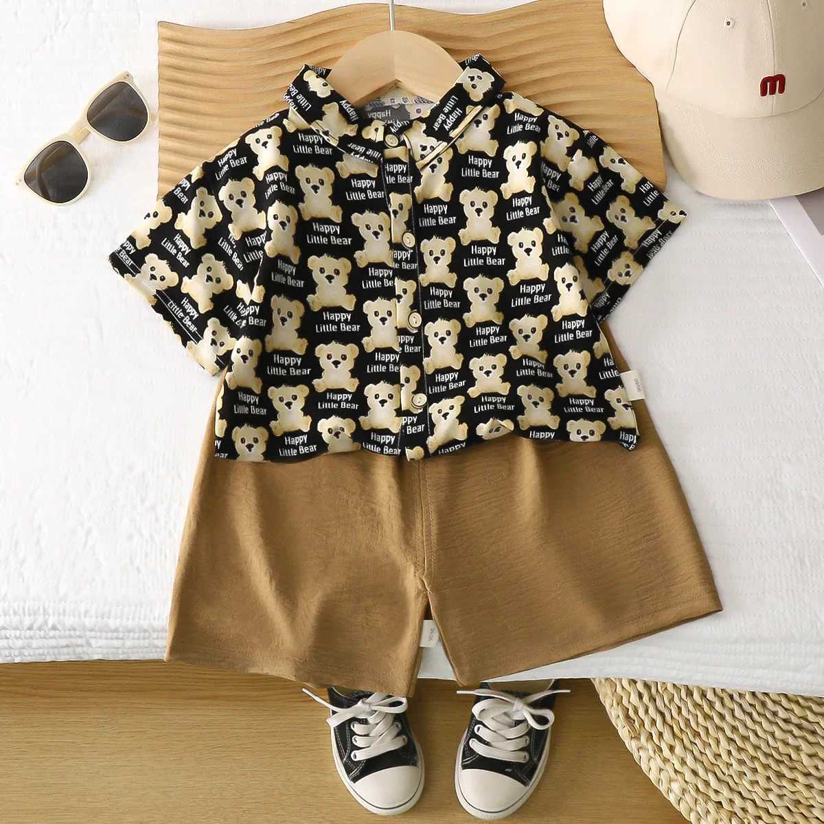 Childrens clothing set with collar and short sleeved shirt+2-piece short sleeved boys clothing set childrens clothing setXJ250410