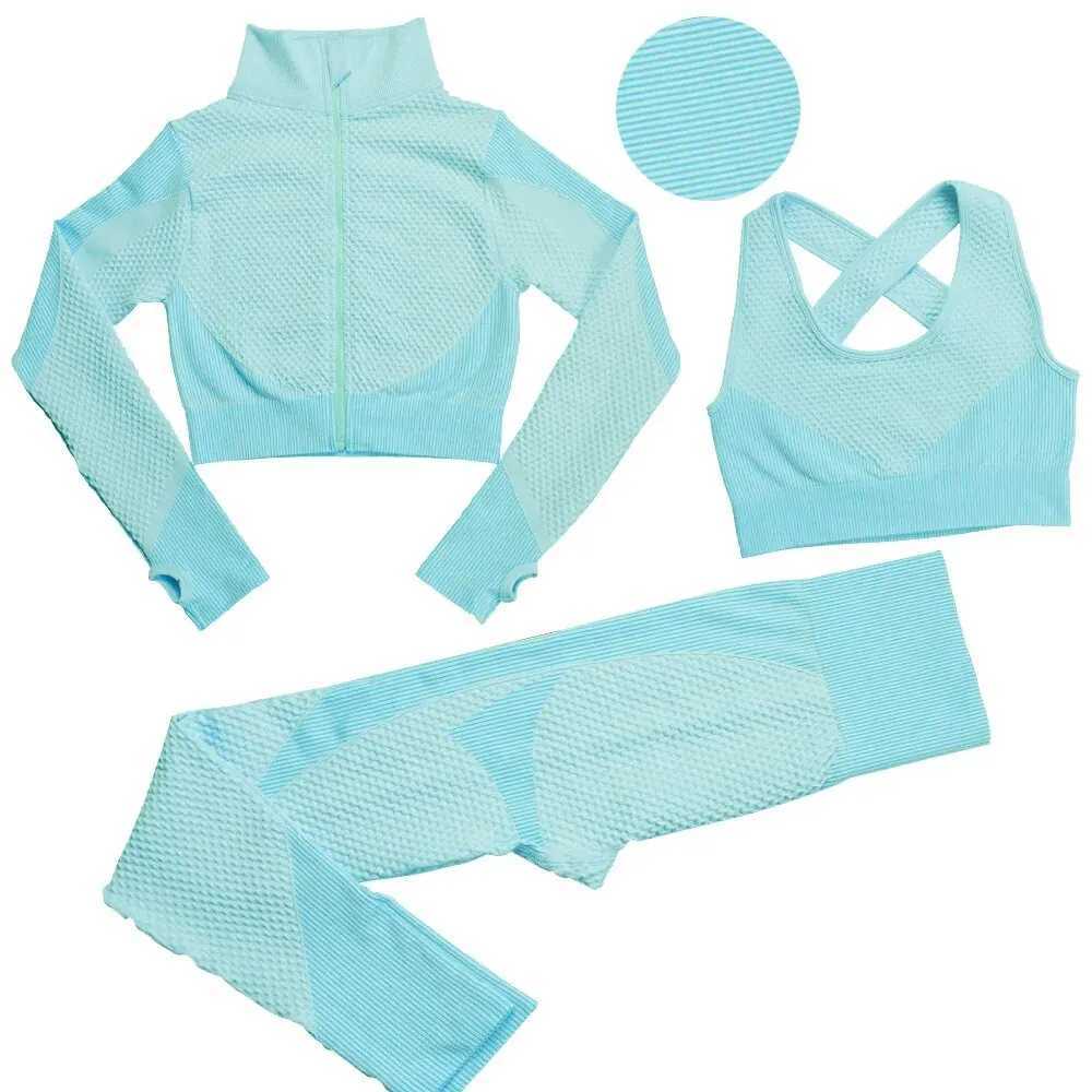 Seamless zipper striped fitness suit womens autumn and winter sports pants long sleeved bra three piece yoga setW250411
