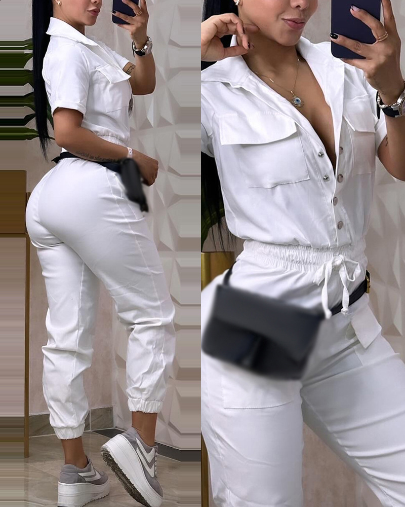 2024 fashion mature womens casual multi pocket waist elastic workwear jumpsuit