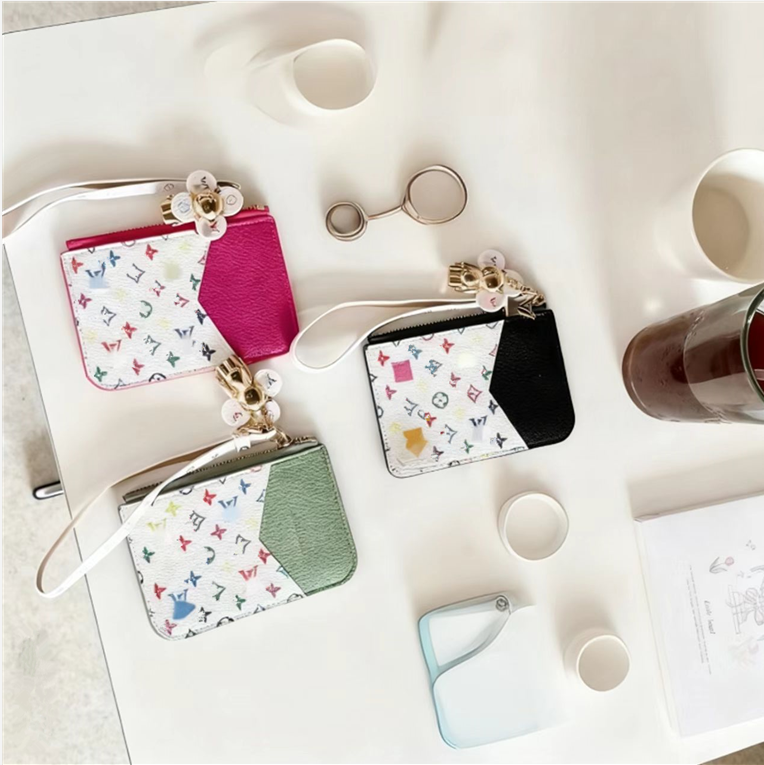 Luxury designer keychain Credit Card Holders Mini Wallets High Quality For Mens Womens Leather Flower Classics Pure Color Keychain Purses Wallet With Box AAA6