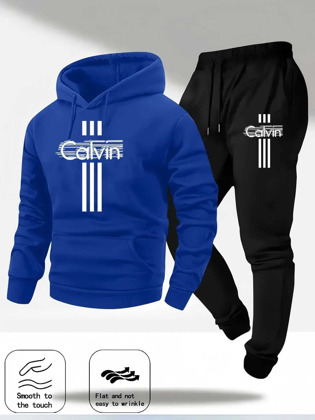 2025 Calvin Printed Mens Long-Sleeved Hooded Sweatshirt Set Casual Sportswear Fashion Trendy Sweater Set tracksuit men hoodiesT251111