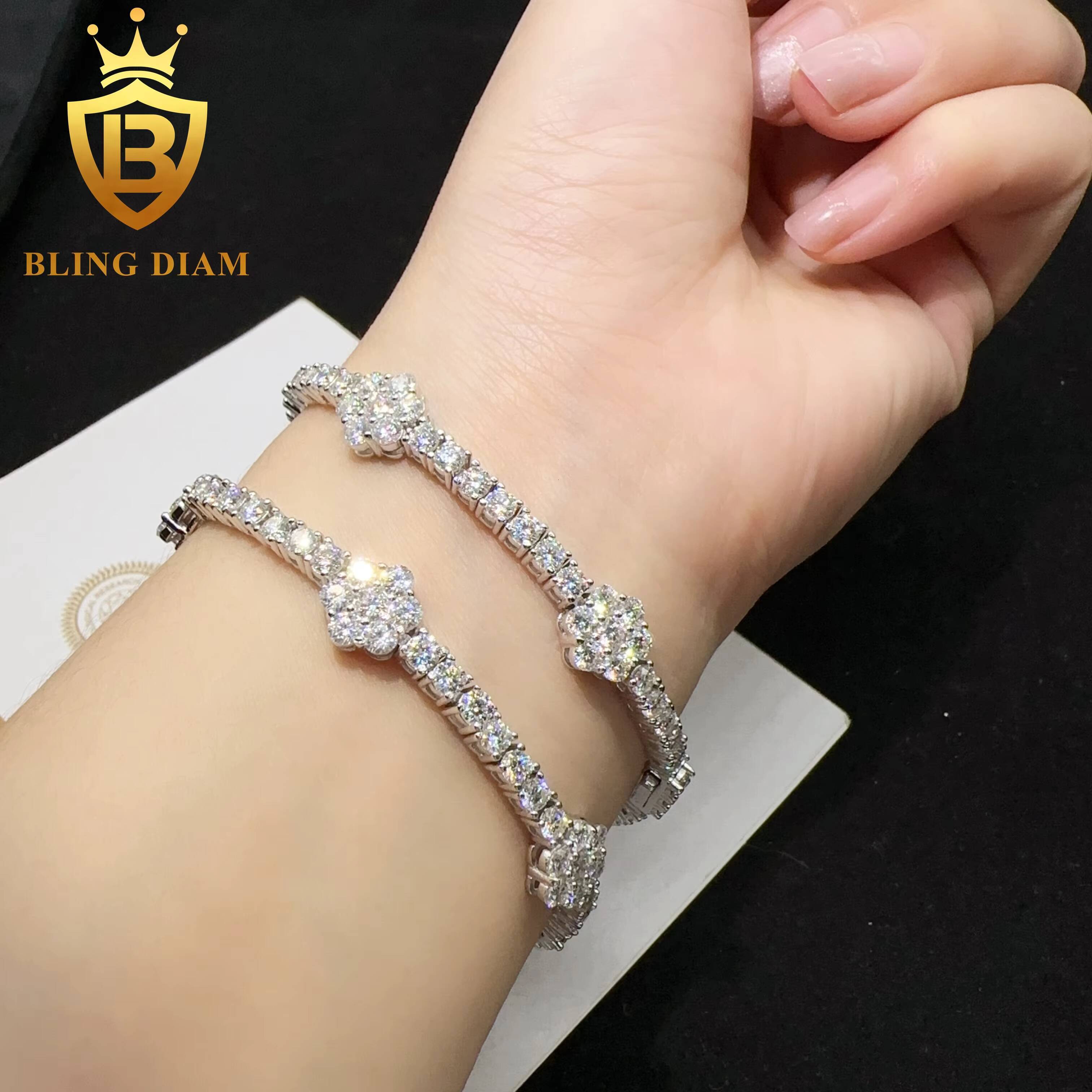 Fashion Jewelry Luxury Bracelets 925 Sterling Silver Vvs Moissanite Diamond Flower Tennis Chain Bracelets