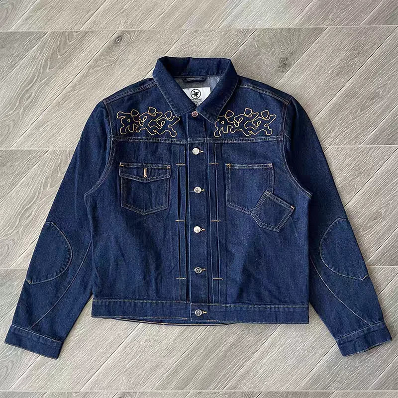blue embroidered denim jacket and pants set casual oversized streetwear trend matching track 250401
