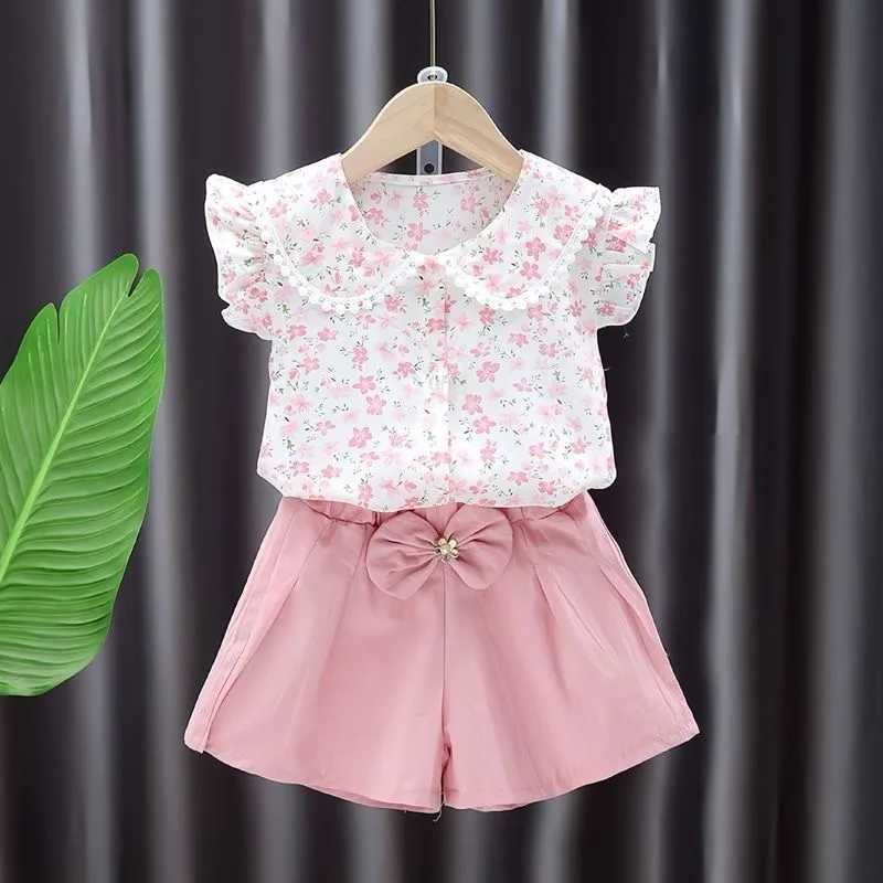 Summer childrens girl set cute floral print short sleeved T-shirt and shorts 2PC set casual set baby clothingXJ250410