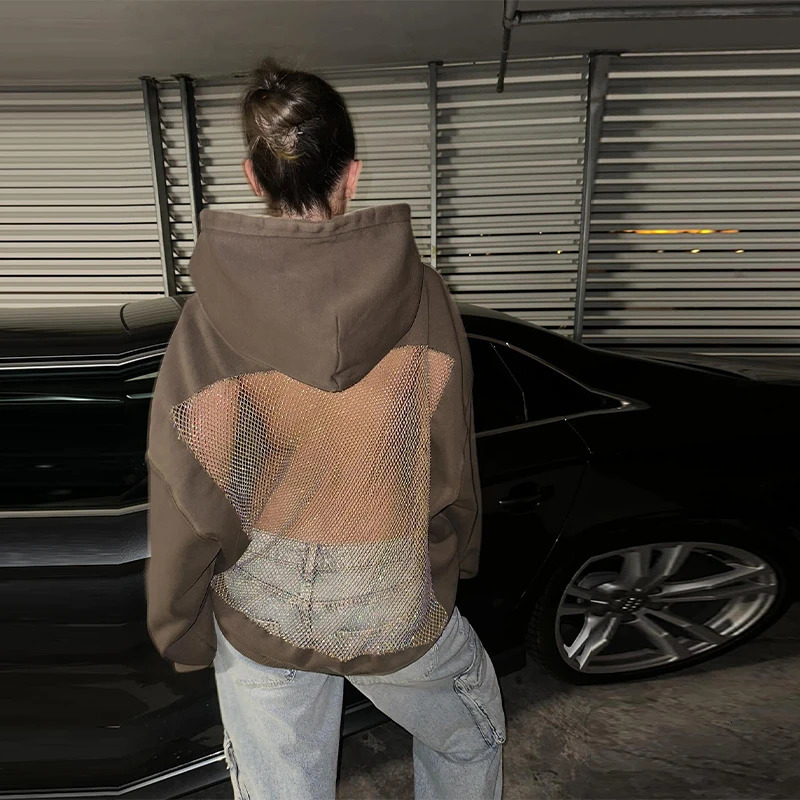 Women Backless Long Sleeve Gothic Sweatshirt Sexy Hollow Mesh Hoodie Shiny Translucent Y2K Pullover Lady Spicy Girl Top 251105