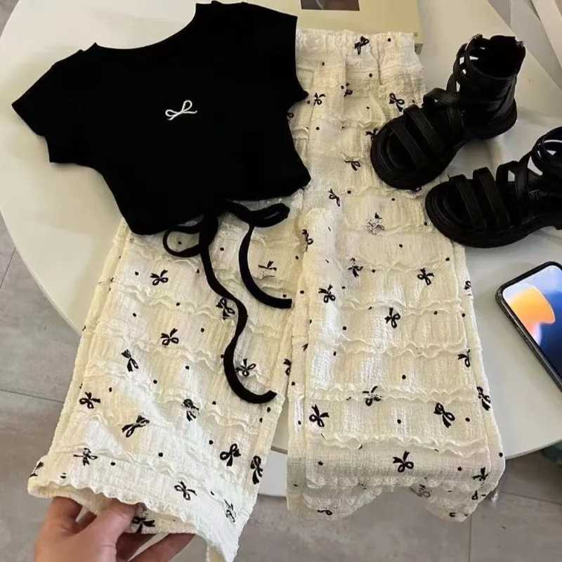 2-8Y Girl Short Sleeve Set Childrens 2025 Summer Dress New T-shirt Korean Bow Top Wide Leg Pants Baby Summer DressXJ250410