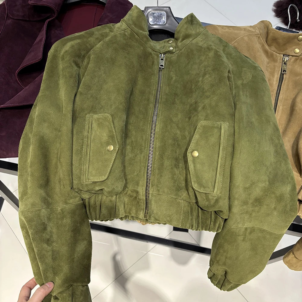 YOLOAgain Oversized Suede Leather Cropped Jacket Coat Women Drop-shoulder Dark Brown Genuine Leather Jacket Coat Autumn 251106