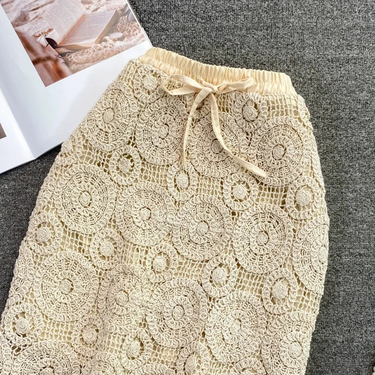 Mini Womens Knitted Leather 2024 Retro SpringSummer High Waist Hollow Hooked Lace Rok ROPA Mujer 250407