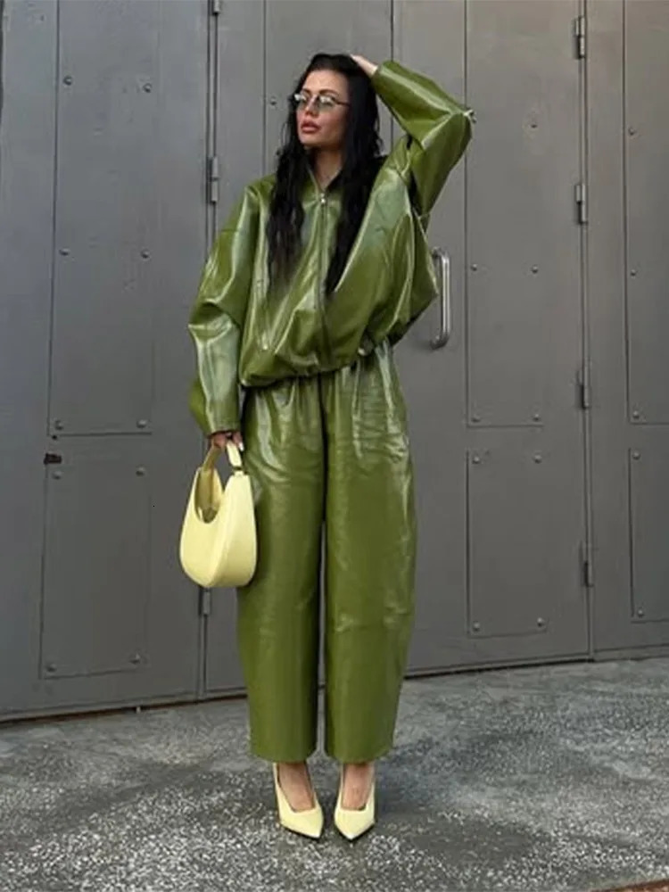 Vintage Street Leather Skirts Coats Suits Women Standneck Zipper Long Sleeves Sets Female 2025 Autumn Fashion Solid Streetwears 251105