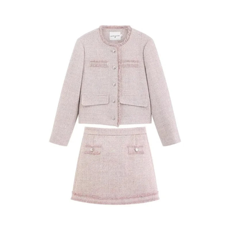 Spring Women Tweed Suit Set Elegant Round Neck Short Coat and A-Line Skirt Vintage Style Loose Fit Chic Two-Piece Outfit 251106