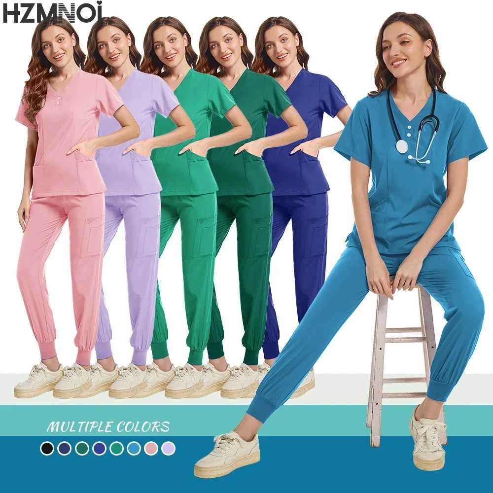 Scrubs Uniform Suit Short Slve V-neck Tops+jogger Pants Set Nursing Uniform Women Multicolor Pet Doctor Scrub Medical Workwear X250410