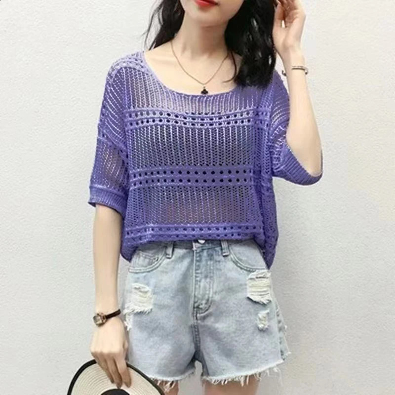 2025 Elegant Casual Solid Color Sweater Oneck Short Sleeve Knitted Summer Sweet Crop Top Sexy Hollow Shirt and 250407