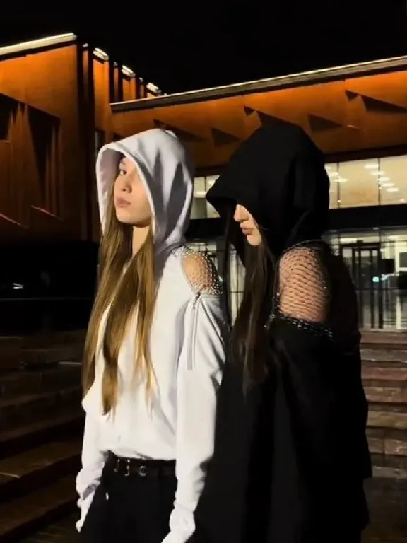 Harajuku Sexy Off Shoulder Transparent Hoodie Y2K Clothing Women Fashion Gothic Sweetheart Mesh Oversized Pullover Casual Jacket 251106