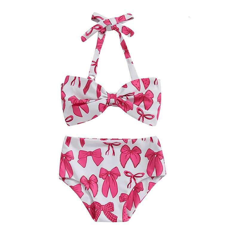 Kids Girl 2 Piece Swimsuits Summer Bow Print Halter Neck Tops and Elastic Shorts Set Bikini Bathing Suits