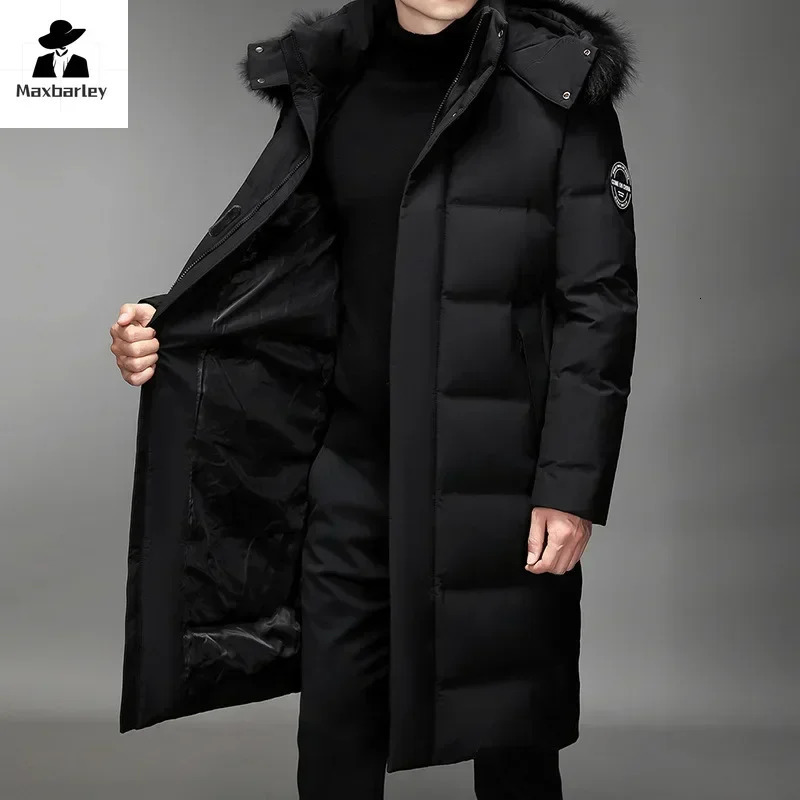 Winter Long Down Jacket Mens Light Fur Collar Hooded Windproof White Duck Down Warm Coat Korean Thick Snow Puffer Jacket 251106