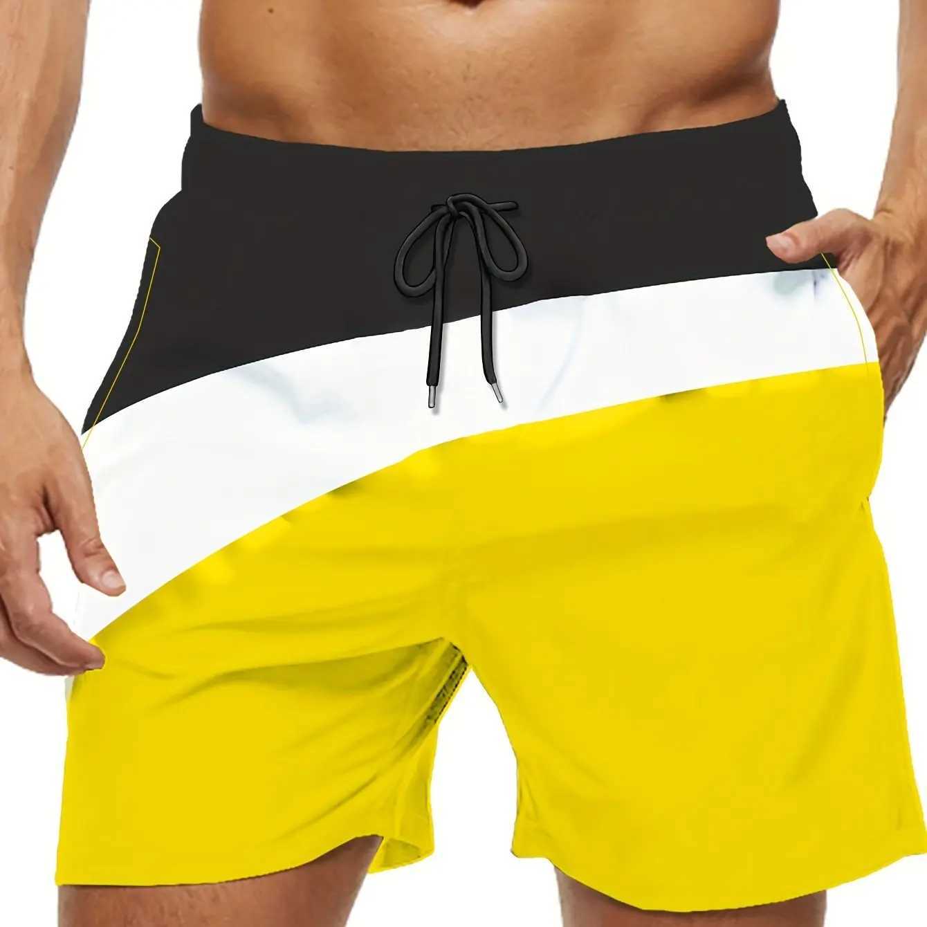 Fashion colored block pattern printed mens swim trunks quick drying drag beach shorts mens summer swimsuitW250410