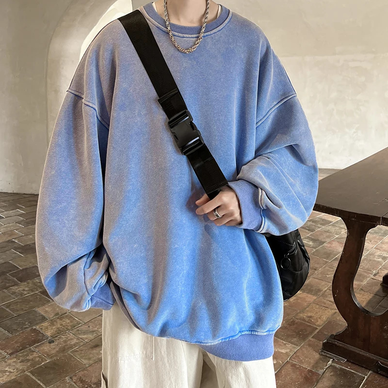 American Washed Old Pullovers Sweatshirts Men Loose Solid Color Autumn Large Size Warm O Neck Tops Hip Hop Y2k Sweatshirt 251110