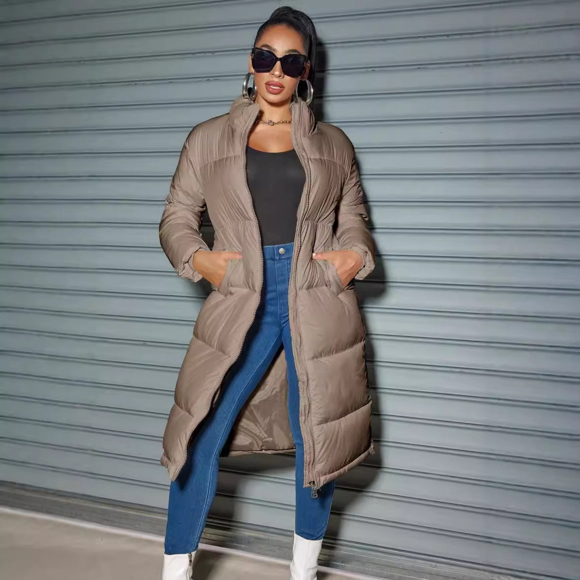 2025 Winter Long Robe Women's Fashion Zipper Solid Color Cotton Jacket Warm Coat